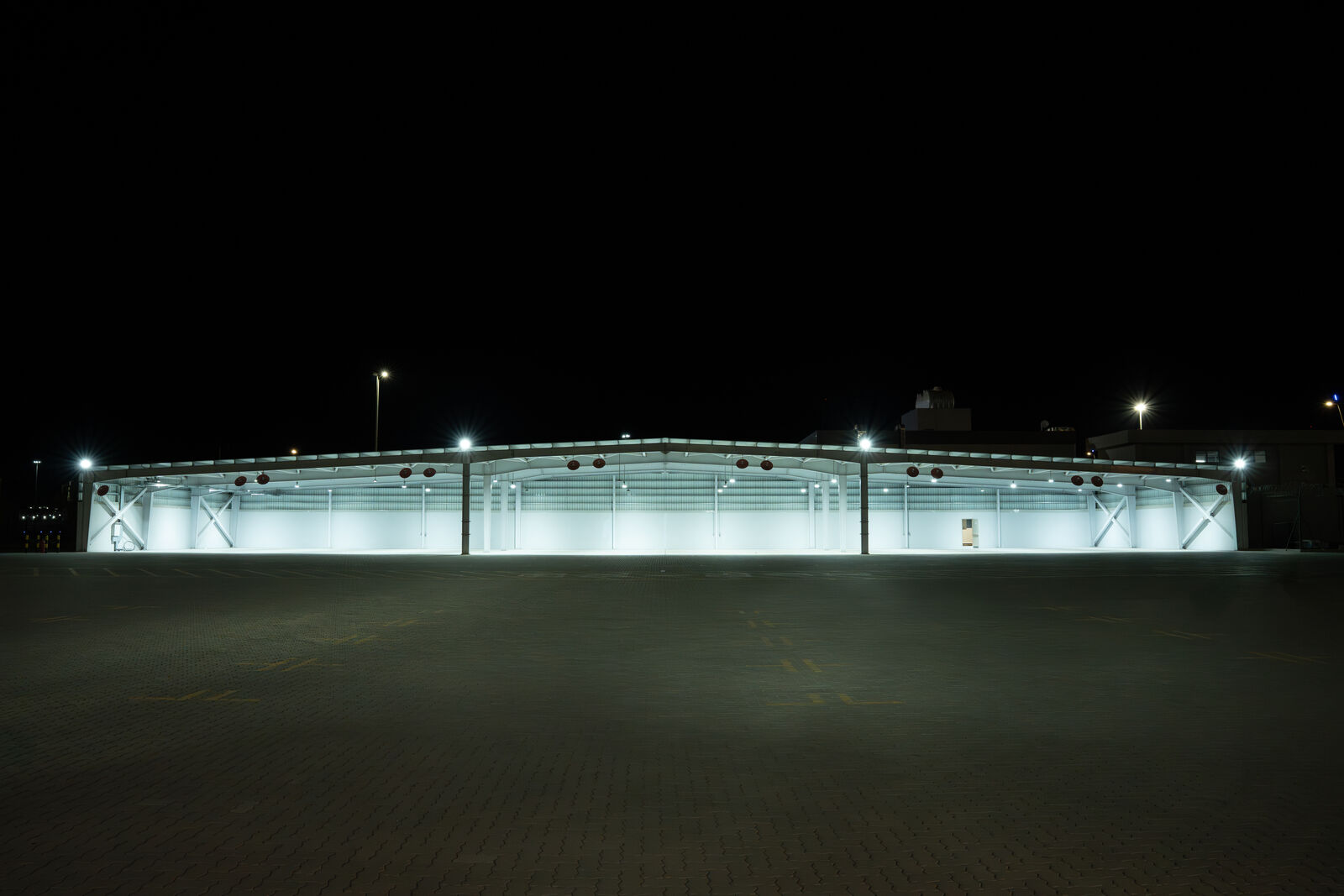 Facility canopy structure at night