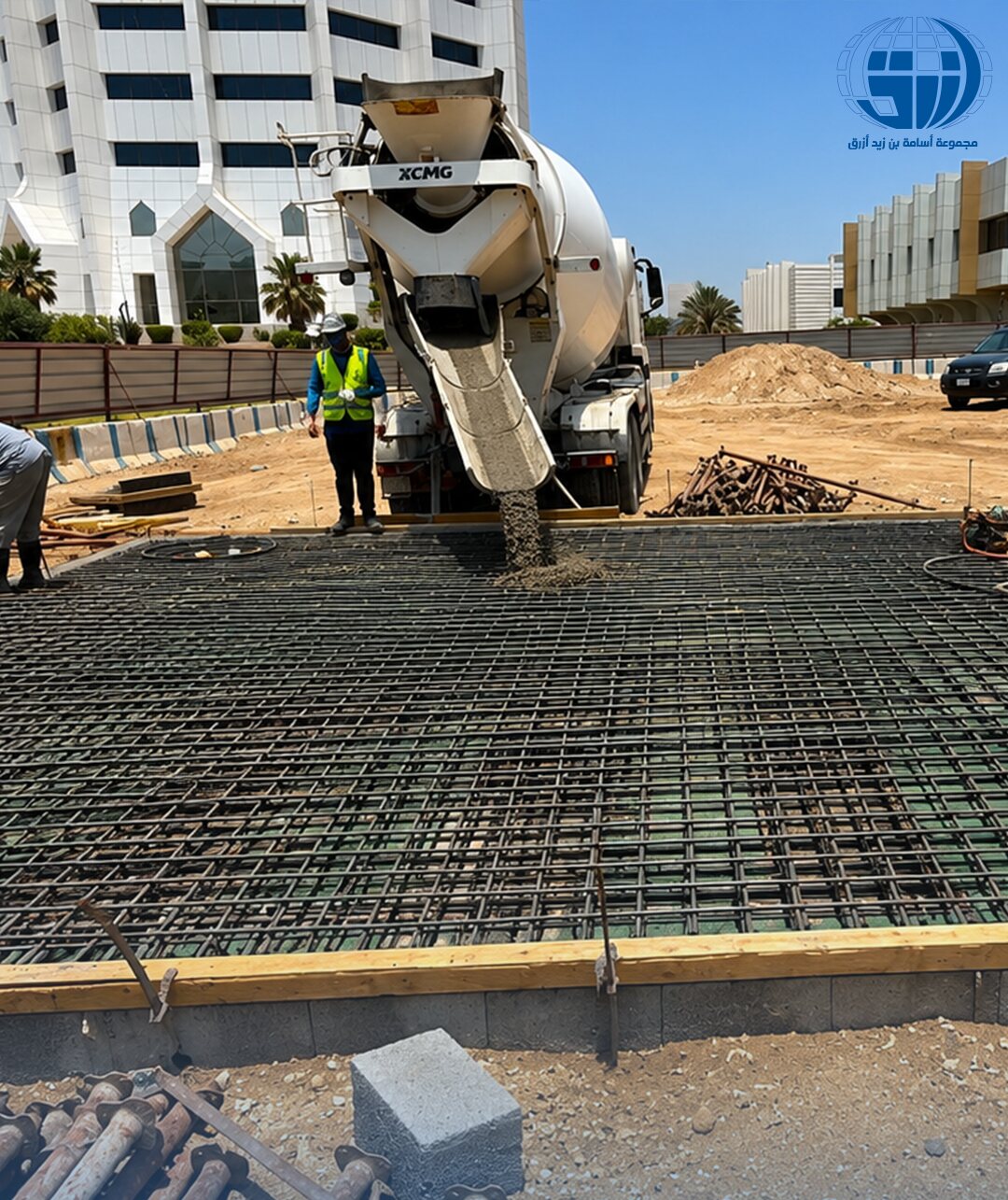 Concrete slab pour over reinforcement mesh