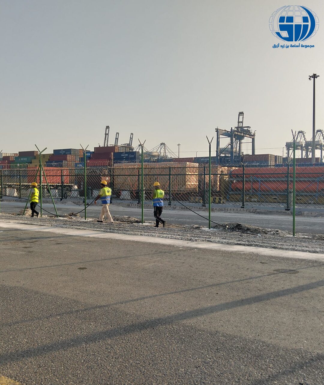 Port yard works beside container stacks