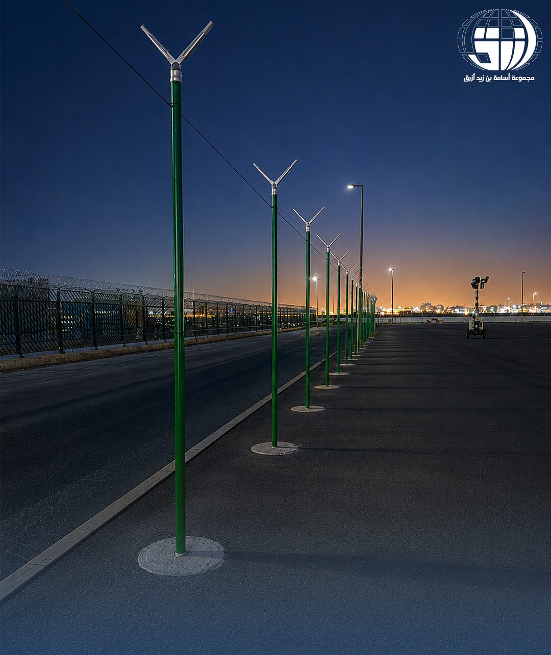 Lighting poles installation at dusk