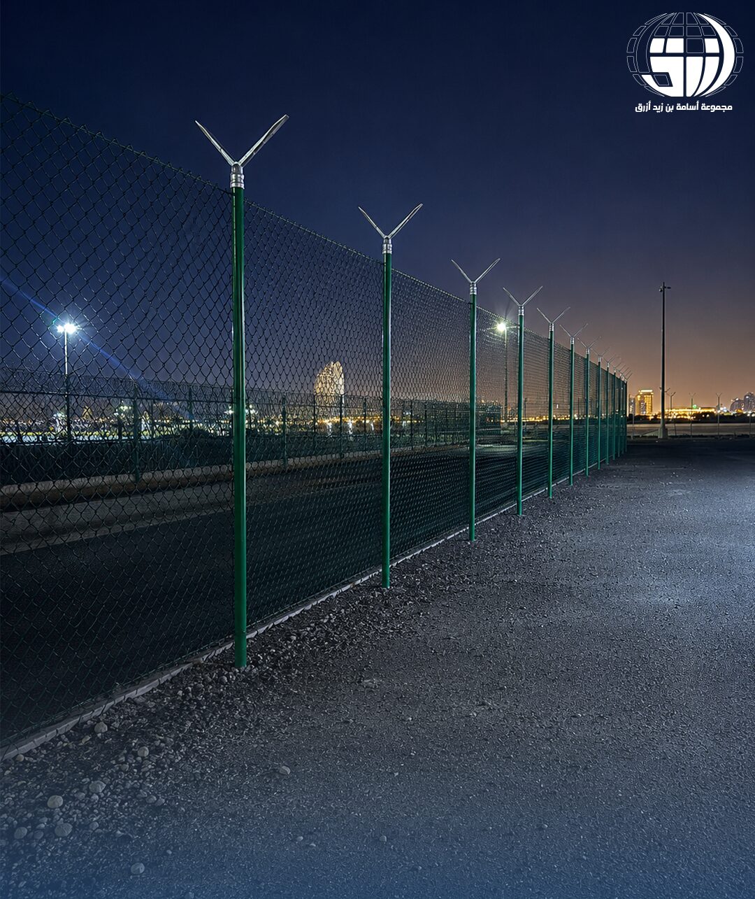 Perimeter security fence at dusk