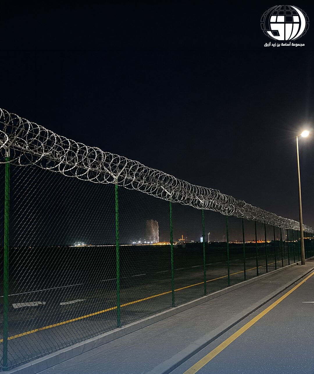 Perimeter security fence at night